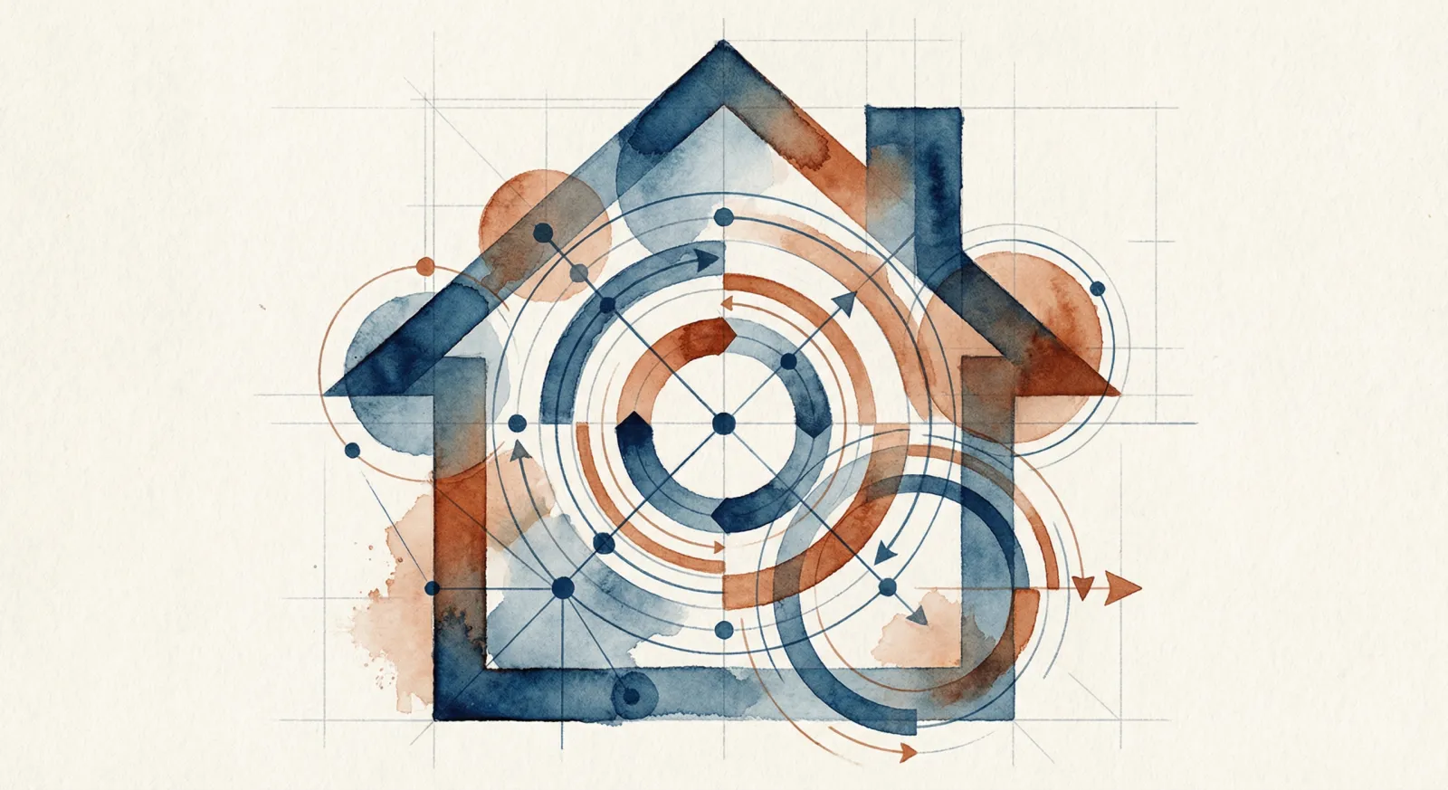 Watercolour of a house outline made of circles, arrows and blueprint lines